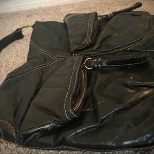 Lg Oil Rubbed Distressed Bigmouth Black Leather Hobo Bag. Pockets galore!